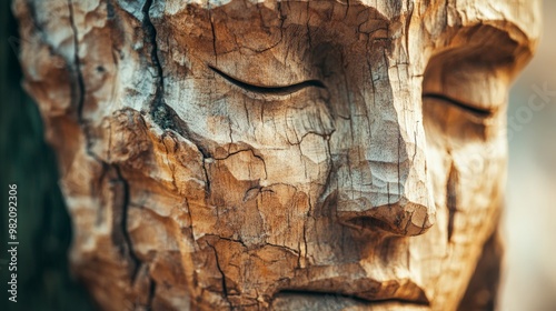 Close-up of a detailed wooden sculpture with a serene expression, showcasing intricate carvings and natural textures. photo