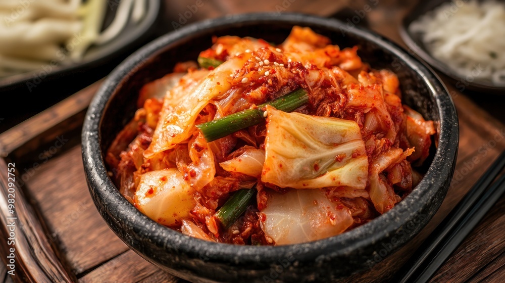 A vibrant bowl of kimchi, showcasing fermented cabbage with spices and vegetables.