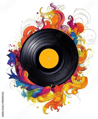 A vibrant design featuring a vinyl record surrounded by colorful swirls and patterns.