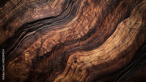 Close-up of abstract wooden texture with rich, dark and light brown tones, showcasing natural grain and unique patterns in the wood surface.