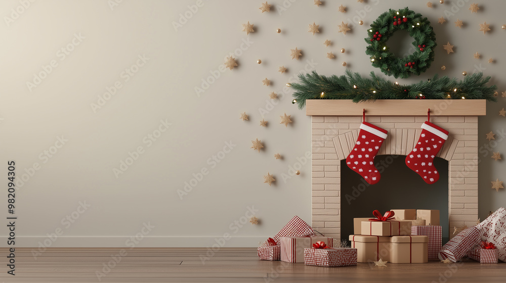 A festive fireplace decorated with stockings, gifts, and a wreath, creating a cozy holiday atmosphere. A festive fireplace decorated with stockings, gifts, and a wreath, creating a cozy holiday atmosphere.