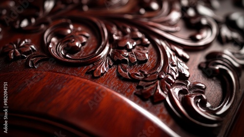 Close-up of intricate wood carving with a dark, polished finish, showcasing detailed craftsmanship and elegant design perfect for decor lovers. photo