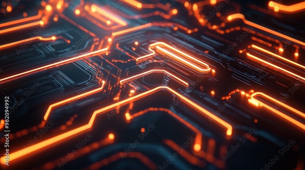 Abstract digital circuit design with glowing orange lines on a dark background. Abstract digital circuit design with glowing orange lines on a dark background.