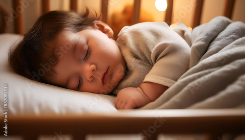  A peaceful image of a baby sound asleep, possibly tucked into a crib or bed, with soft ligh_1(74) photo