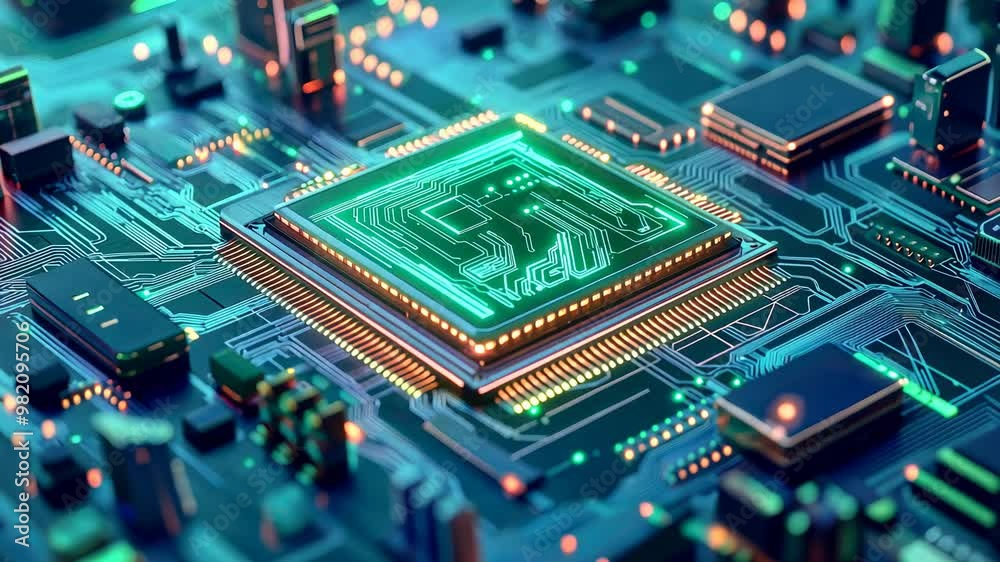 Close-up of a futuristic microprocessor and motherboard circuit