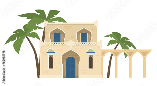 Arabic traditional house architecture with palm tree and arch window geometric ornament vector flat