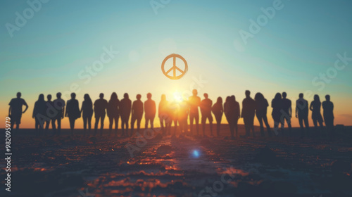 Siluettes of People on a Mountain at Sunset with Peace Symbol Embracing Peace and Unity photo