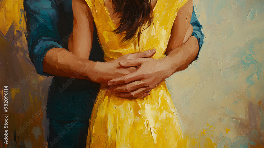 Φωτογραφία male hands tightly hugging a girl in a yellow summer silk dress from behind, the