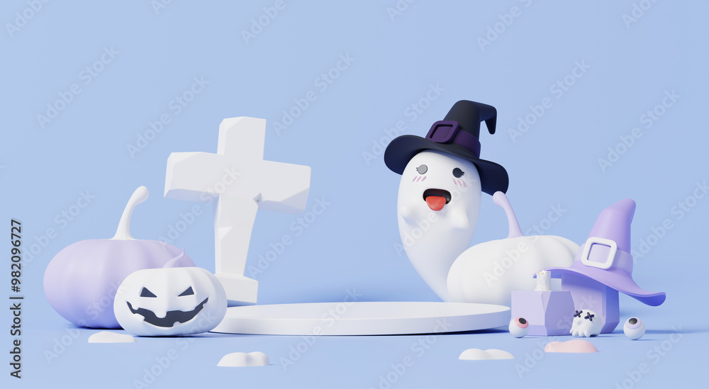 3D render, Happy Halloween party minimal style with display podium stage for product showing decorate with cute spooky element on pastel purple background. 3D render, Happy Halloween party minimal style with display podium stage for product showing decorate with cute spooky element on pastel purple background.