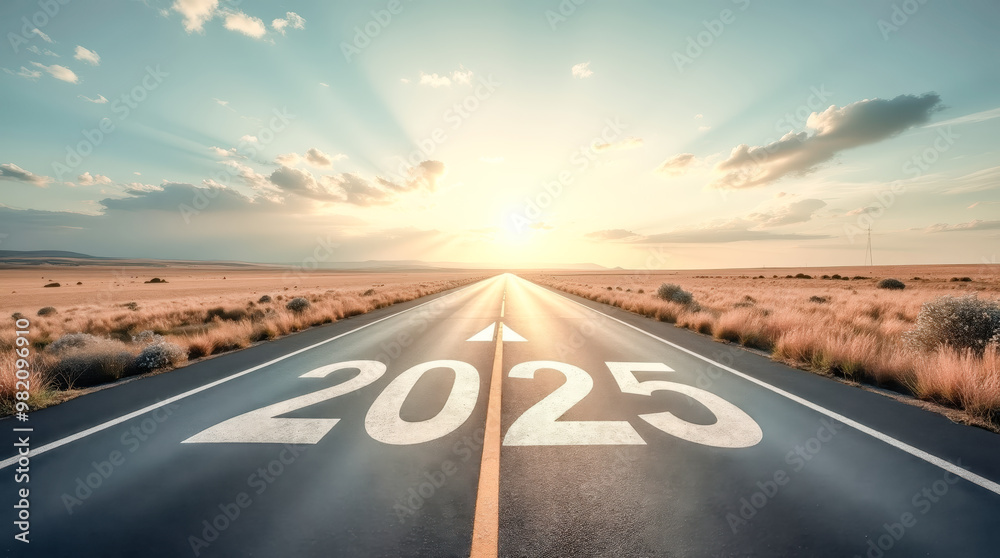 Naklejka premium On the road to 2025 A symbolic journey towards the future with fireworks lighting the way representing new opportunities hope, and progress for the year ahead