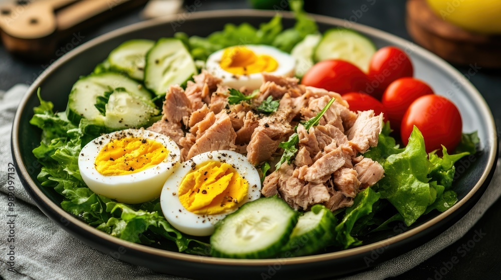 A balanced plate of tuna meat and boiled eggs with fresh salad greens, tomatoes, cucumbers, and a light dressing, emphasizing a nutritious and delicious meal. A balanced plate of tuna meat and boiled eggs with fresh salad greens, tomatoes, cucumbers, and a light dressing, emphasizing a nutritious and delicious meal.