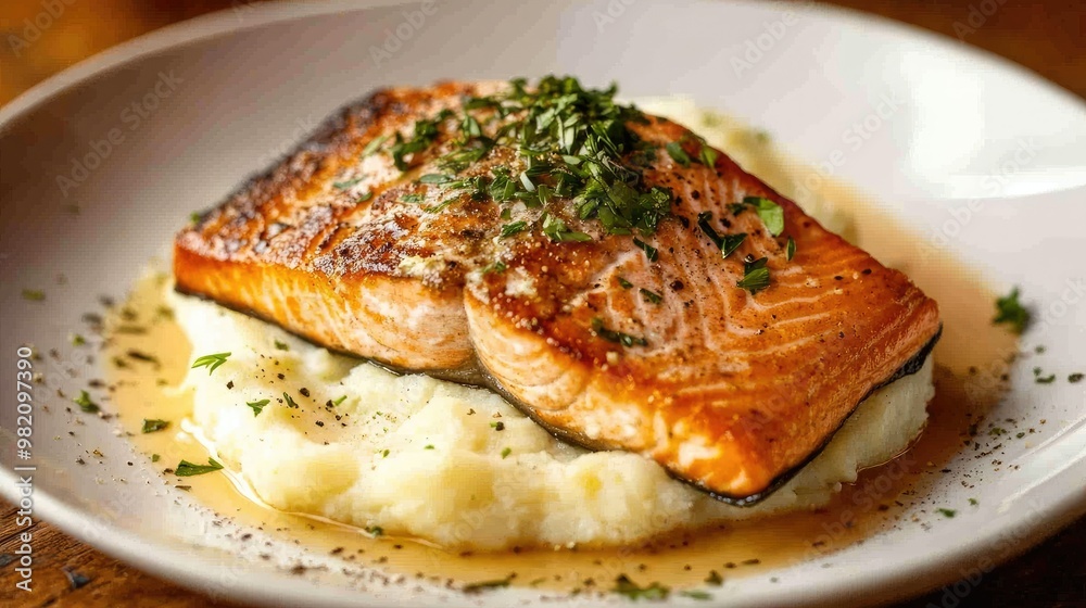 A beautifully plated dish of pan-seared salmon resting on a bed of creamy mashed potatoes, garnished with fresh herbs, served elegantly on a white plate. A beautifully plated dish of pan-seared salmon resting on a bed of creamy mashed potatoes, garnished with fresh herbs, served elegantly on a white plate.