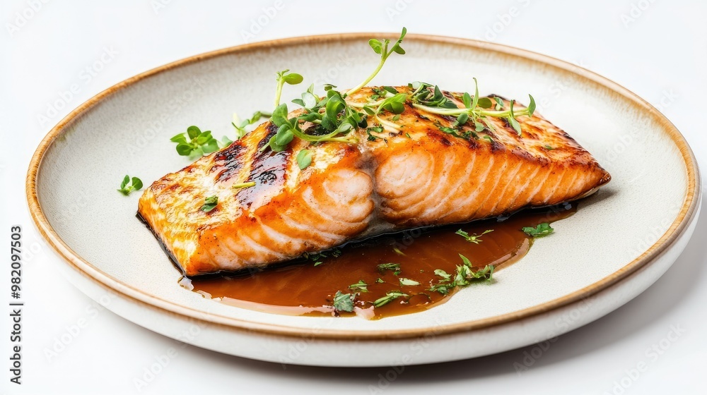 A beautifully presented salmon fillet on a ceramic plate, garnished with fresh herbs and sauce, styled against a clean white background. A beautifully presented salmon fillet on a ceramic plate, garnished with fresh herbs and sauce, styled against a clean white background.