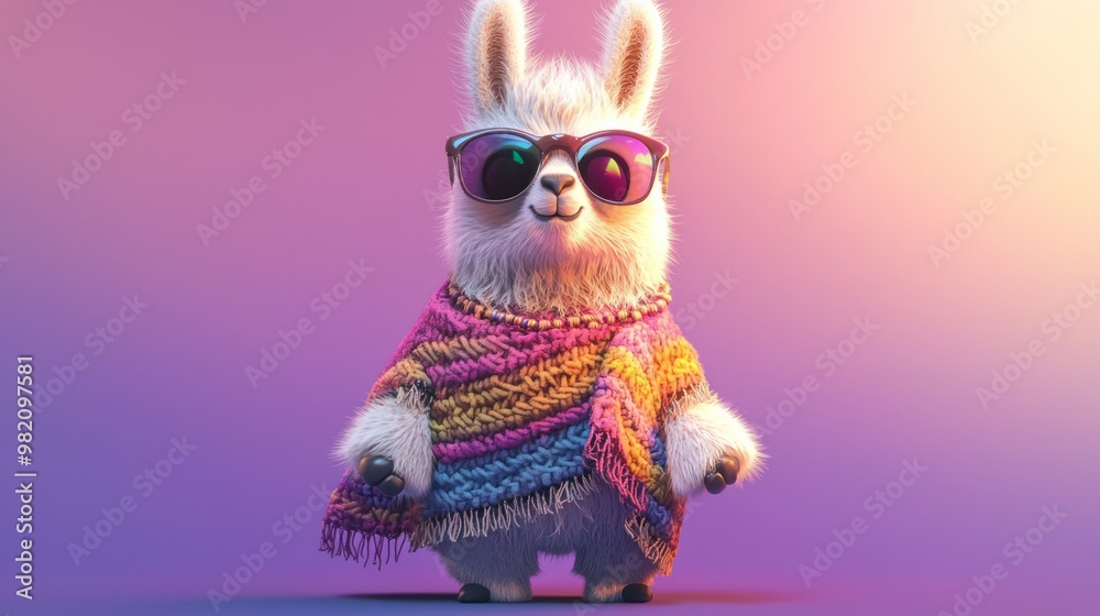 Cute Chibi Llama in Fashionable Poncho and Sunglasses Striking a Pose on Lavender Background | 3D Render Model Cute Chibi Llama in Fashionable Poncho and Sunglasses Striking a Pose on Lavender Background | 3D Render Model