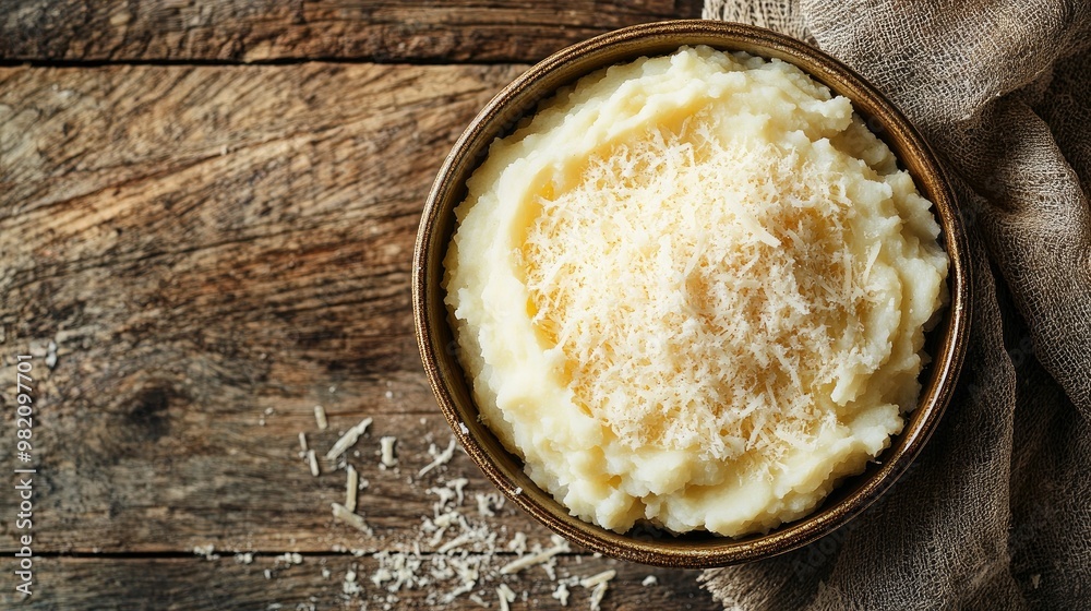 A bowl of creamy mashed potatoes topped with freshly grated parmesan, sitting on a rustic wooden table. The texture and cheese are highlighted, with copy space on the side A bowl of creamy mashed potatoes topped with freshly grated parmesan, sitting on a rustic wooden table. The texture and cheese are highlighted, with copy space on the side