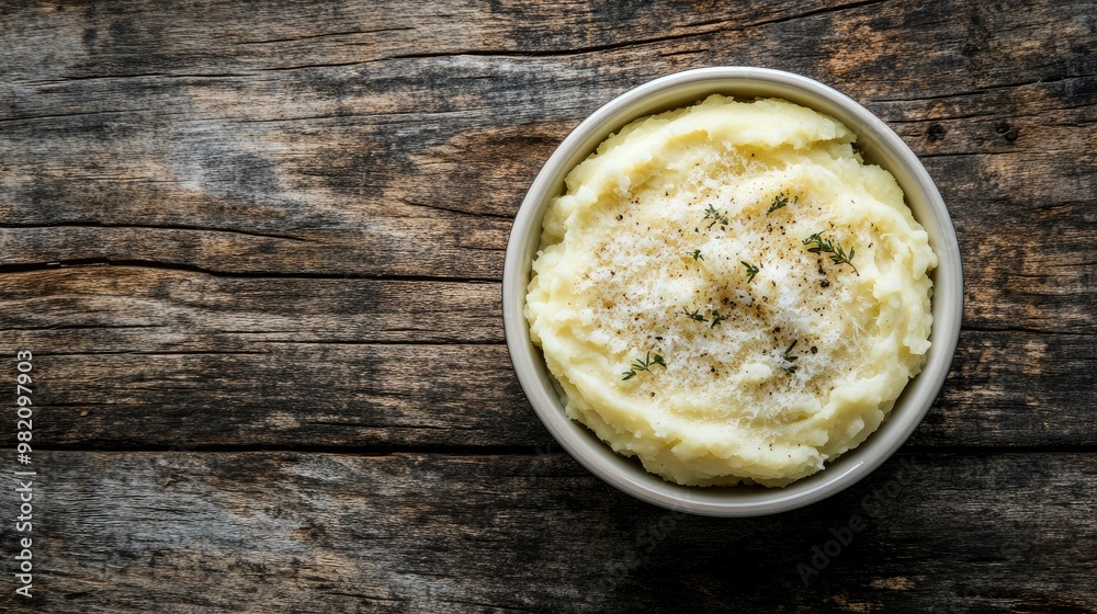 A bowl of mashed potatoes garnished with parmesan cheese, shot from above on a weathered wooden surface. The space around the bowl is left empty for copy space A bowl of mashed potatoes garnished with parmesan cheese, shot from above on a weathered wooden surface. The space around the bowl is left empty for copy space