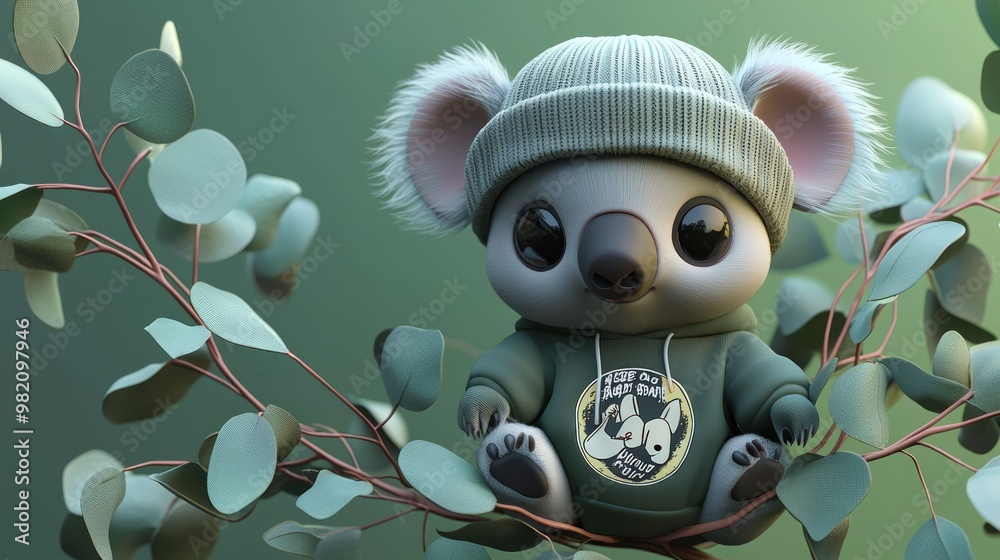 Adorable Chibi Koala in Beanie and Tee Relaxing on Eucalyptus Branch | Cute 3D Render with Green Gradient Background Adorable Chibi Koala in Beanie and Tee Relaxing on Eucalyptus Branch | Cute 3D Render with Green Gradient Background