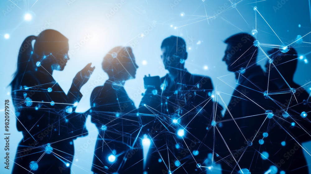 Businessmen leveraging AI intelligence to search for data and information, aiming to grow their business and attract new customers on a global network. Focus on data exchange, CRM, customer service Businessmen leveraging AI intelligence to search for data and information, aiming to grow their business and attract new customers on a global network. Focus on data exchange, CRM, customer service