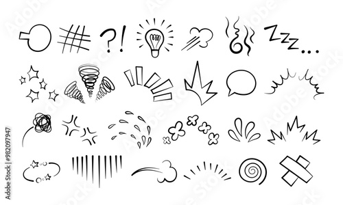 Manga or anime comic emoticon element graphic effects hand drawn doodle vector illustration set isolated on white background. Cartoon style manga doodle line expression scribble anime mark collection.