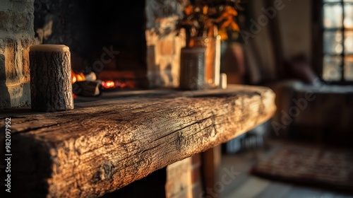 Cozy rustic fireplace with candles on a wooden mantle, exuding warmth and comfort during an autumn evening in a country home.