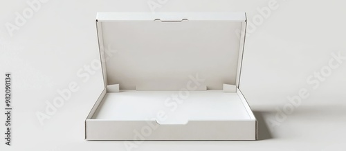 3D rendering of an open pizza box tilted to the left featuring a blank white interior against a white background in side view photo