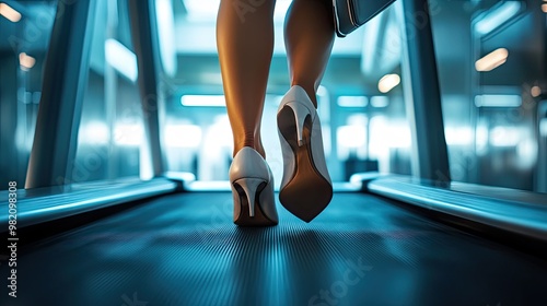 A businesswoman's feet in high heels and a trolley bag on a treadmill, highlighting the concept of fast-paced business travel and constant movement. photo