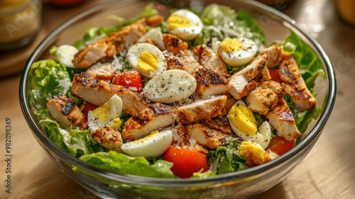 A Caesar salad in a glass bowl, filled with vibrant lettuce, sliced tomatoes, grilled chicken strips, and boiled eggs, lightly dressed and topped with Parmesan.