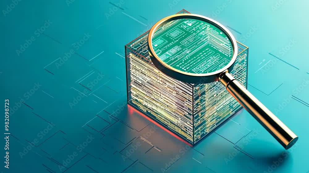 A magnifying glass over a cube of data, showcasing digital information and analysis.