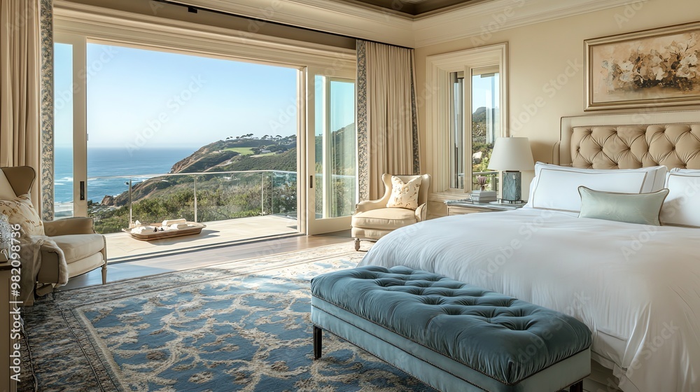 Luxurious bedroom with large windows overlooking ocean view. Luxurious bedroom with large windows overlooking ocean view.
