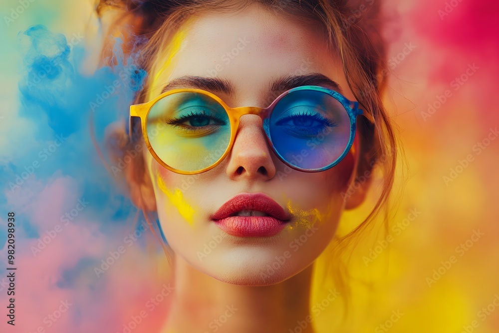 Young woman with colorful glasses posed against a vibrant background of powder paint. Generative AI Young woman with colorful glasses posed against a vibrant background of powder paint. Generative AI