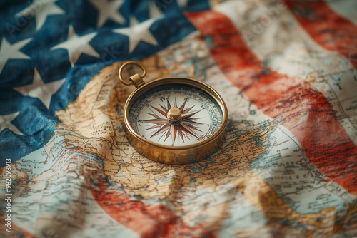 Vintage compass alongside a map and American flag, commemorating Columbus Day