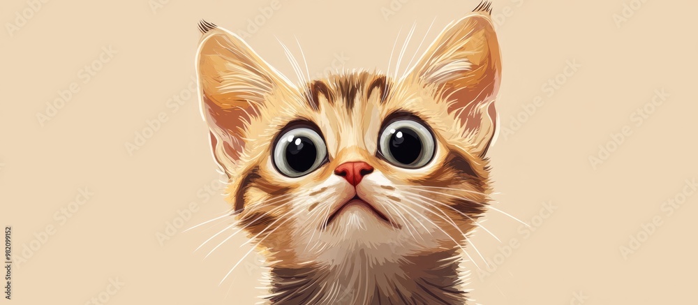 Obraz premium Illustration of a cute big eyed kitten with a confused expression Features realistic fur and cartoon style eyes against a flat color background Isolated tabby kitten design