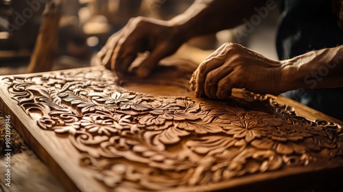 Detailed close-up of a craftsman carving intricate patterns into a wooden panel, showcasing skilled craftsmanship and artistry.