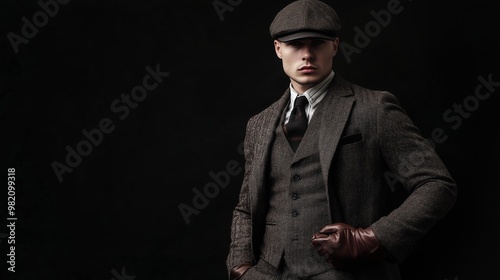 A stylish man in a vintage three-piece suit and cap poses confidently against a dark background, showcasing timeless fashion aesthetics