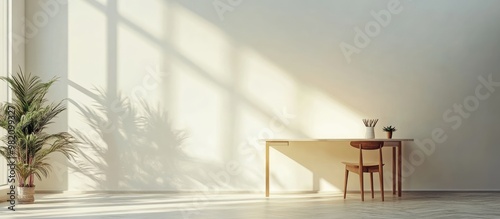 Office workspace featuring a table against a bright white wall created through 3D rendering