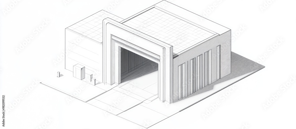 An isometric 3D illustration depicting the entrance outline of a large structure created with black lines on a white backdrop An isometric 3D illustration depicting the entrance outline of a large structure created with black lines on a white backdrop