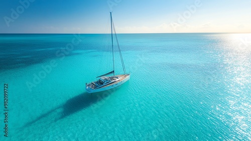 Sailboat anchored in clear, turquoise water.