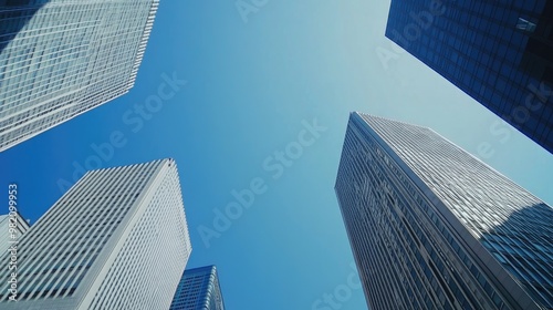 A dynamic low-angle view of the skyscrapers in Shinjuku, Tokyo, with buildings reaching into the clear blue sky, emphasizing the city's modern skyline.