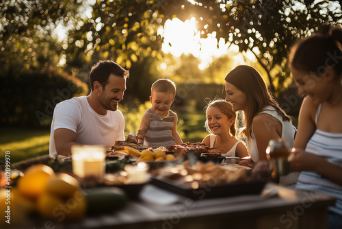 Family outdoors having an outdoor BBQ