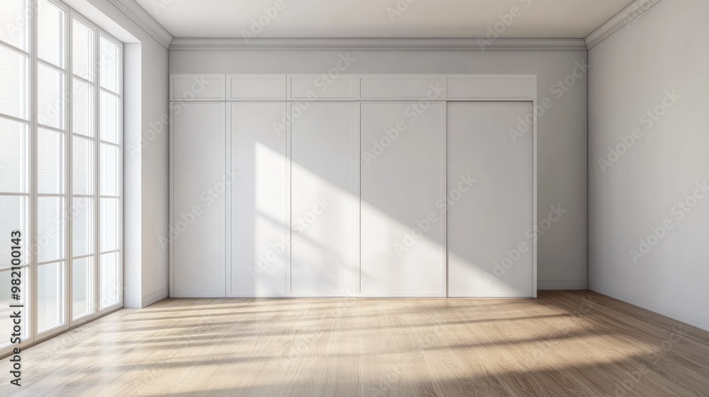 Obraz premium Minimalistic Scandinavian interior featuring an empty room with a wardrobe 3D rendering of a contemporary home space