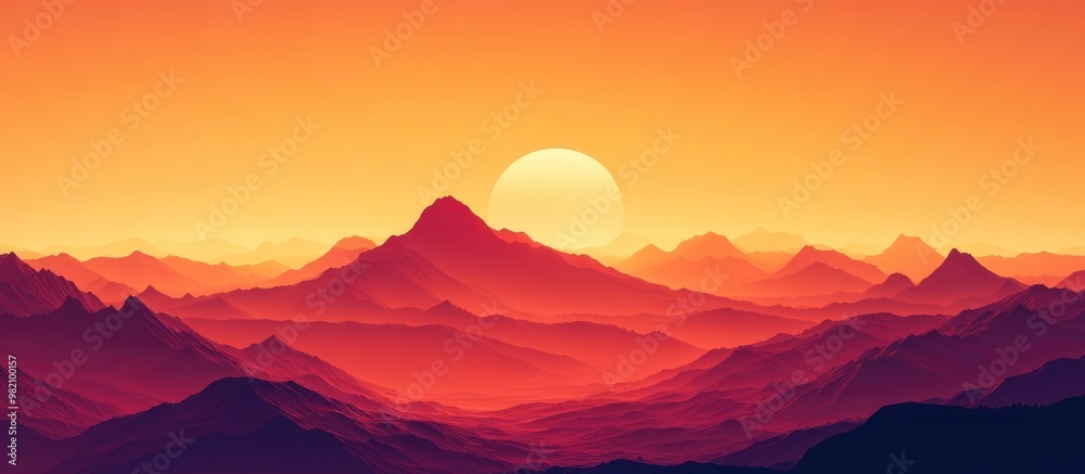 Vibrant orange and red sky over mountain landscape Wide horizontal composition for modern design Pure glass print aesthetic Unutilized horizon with a nostalgic gaming vibe