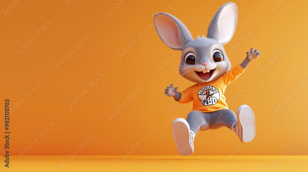 Obraz premium Adorable 3D Render of Fashionable Chibi Kangaroo in Graphic Tee and Sneakers Jumping Joyfully on Orange Gradient Background