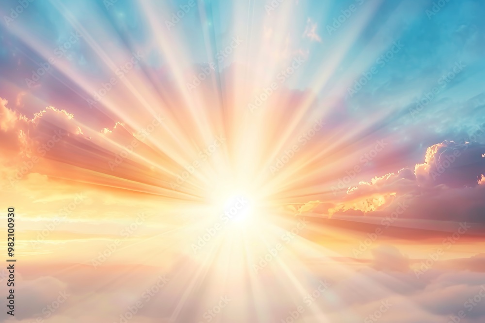 Naklejka premium Golden Heaven Light Majestic Sunrise, Sunbeams, Rays of Hope, and Inspiration in Yellow, Blue Sky