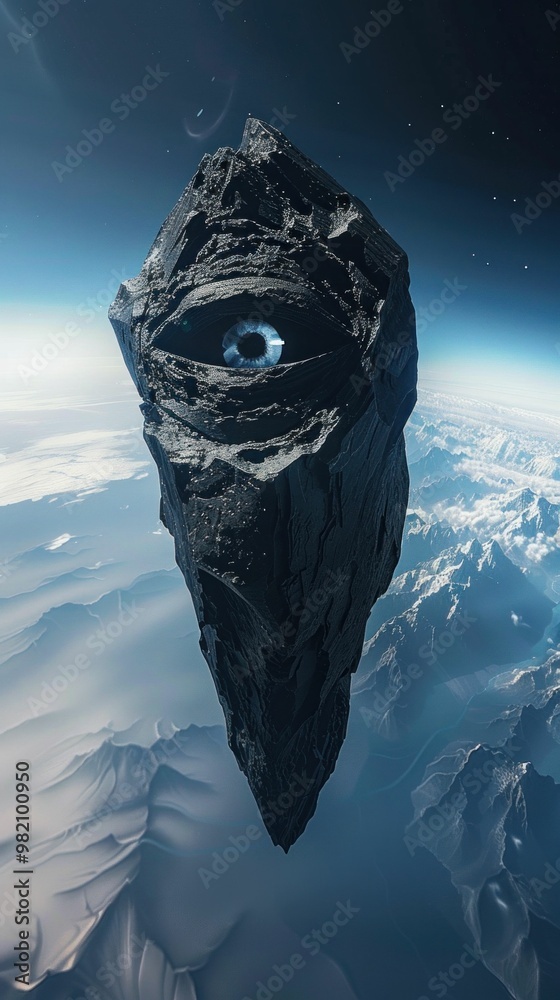 Obraz premium abstract artwork, cosmic, stone, eye, surrealism, space, mysterious object, blue eye, dark structure, floating monolith
