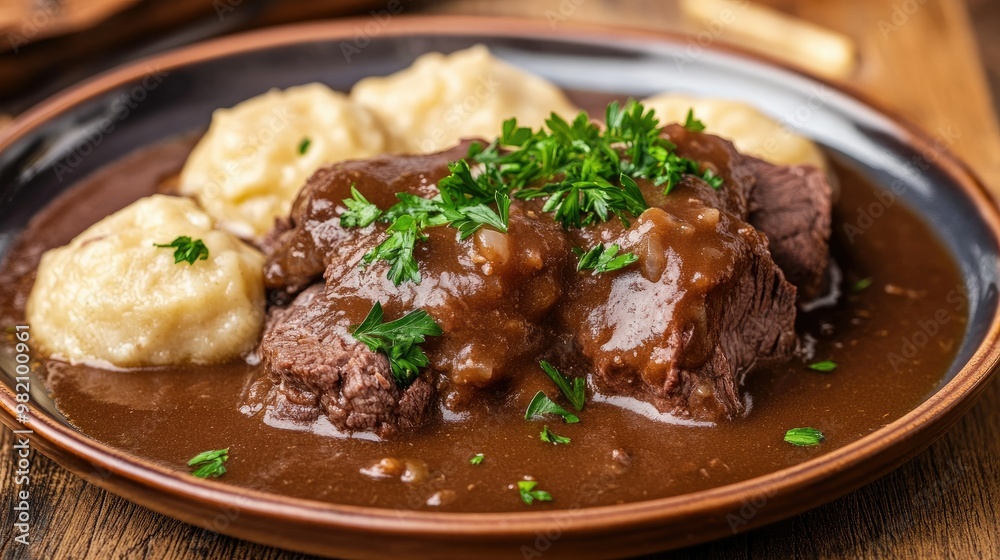 A plate of boiled beef, dumplings, and gravy, garnished with fresh parsley, making for a hearty and comforting meal. A plate of boiled beef, dumplings, and gravy, garnished with fresh parsley, making for a hearty and comforting meal.