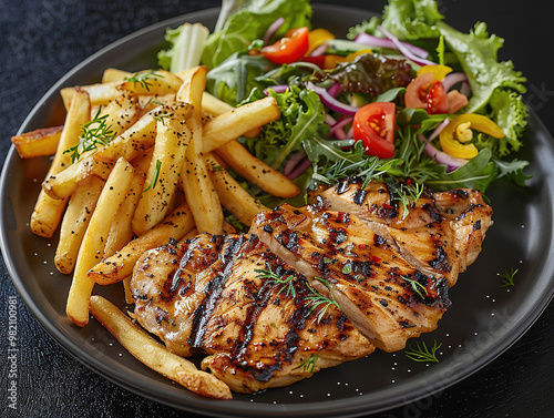 Grilled chicken pieces served with colorful vegetables on a plate or black background.