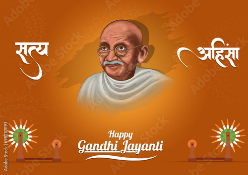 Foto Happy Gandhi Jayanti illustration design with  Indian Freedom Fighter Mahatma Gandhi , Hindi text meaning is true and nonviolence