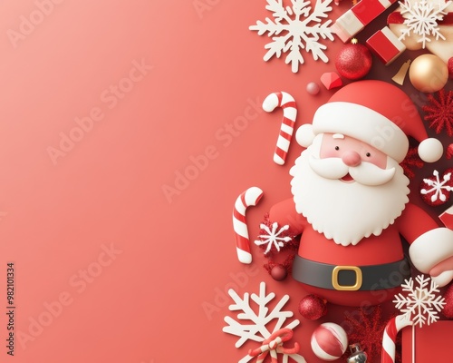 Colorful Christmas decorations featuring Santa Claus, candies, and snowflakes on a festive red background.