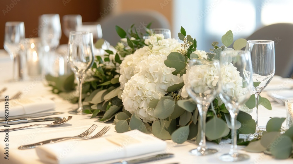 Elegant table setting with white flowers and greenery for a formal event. Elegant table setting with white flowers and greenery for a formal event.