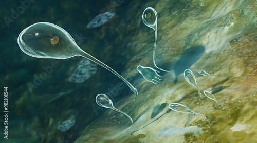 A singlecelled amoeba extending its pseudopods in search of food within a watery habitat